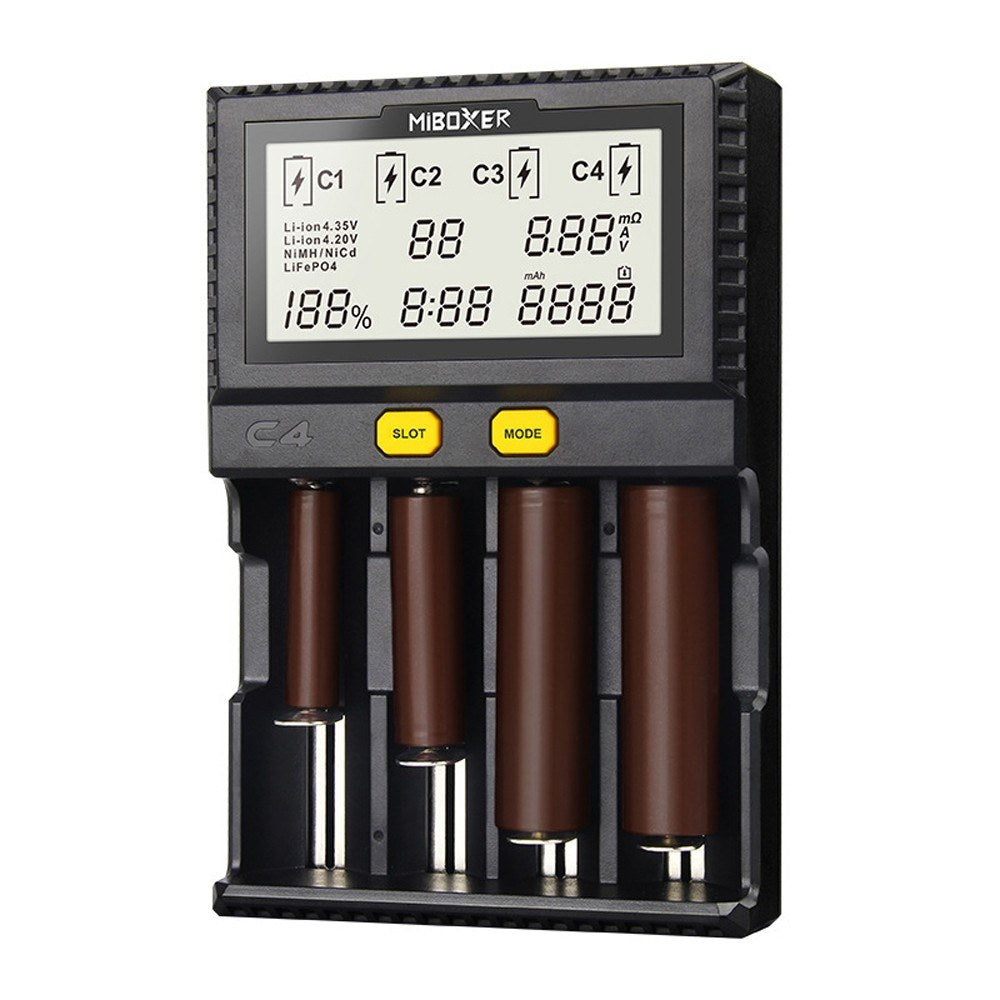 MiBOXER Intelligent Universal 1.5A 4 Bay LCD Display Battery Charger for 18650 Li-ion LiFePO4 Ni-MH Ni-Cd AA 21700 18490 17670 R13650 17355 16340