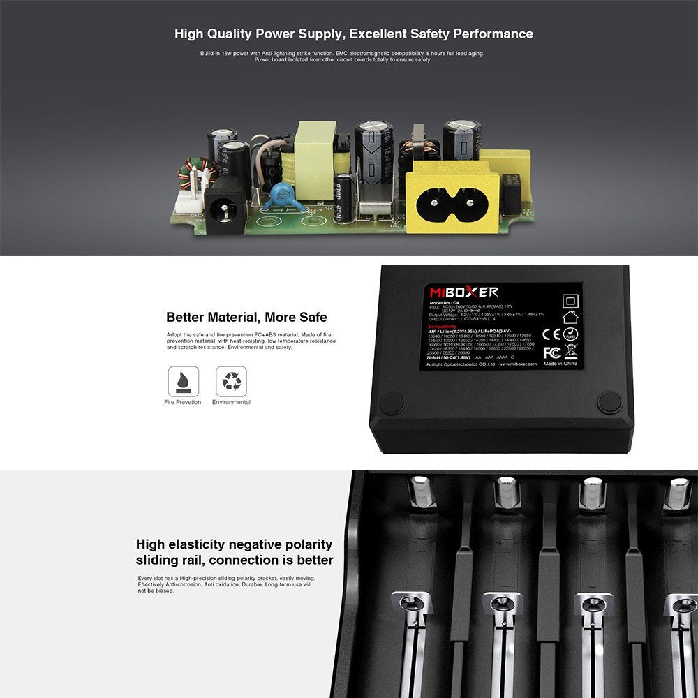 MiBOXER Intelligent Universal 1.5A 4 Bay LCD Display Battery Charger for 18650 Li-ion LiFePO4 Ni-MH Ni-Cd AA 21700 18490 17670 R13650 17355 16340