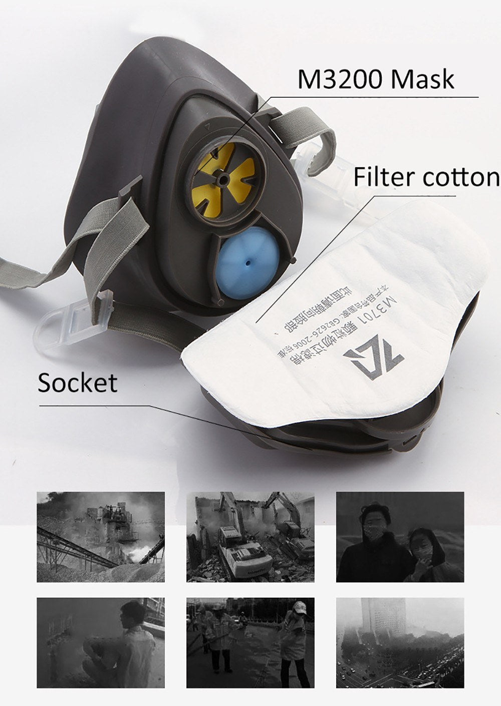M3200 N95 Filter Respirator Gas Mask Dust Painting Spraying Mask - Grey