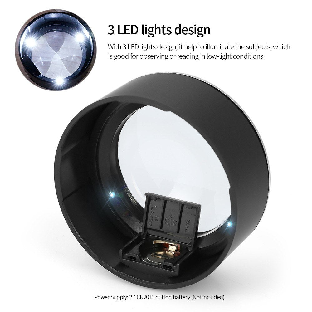 5X Portable Handheld Magnifier with 3 LED Light Desktop Magnifier with Storage Pouch