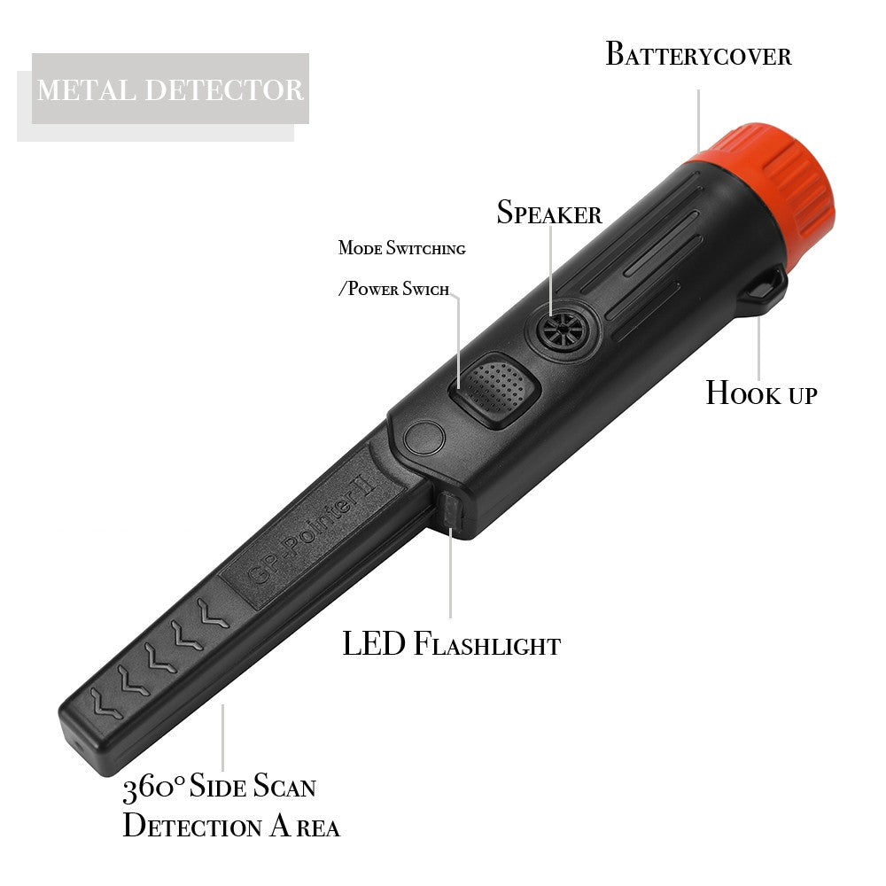 Waterproof Handheld Metal Detector with LED Light Treasure Archaeological Gold Locator Pointer - Black