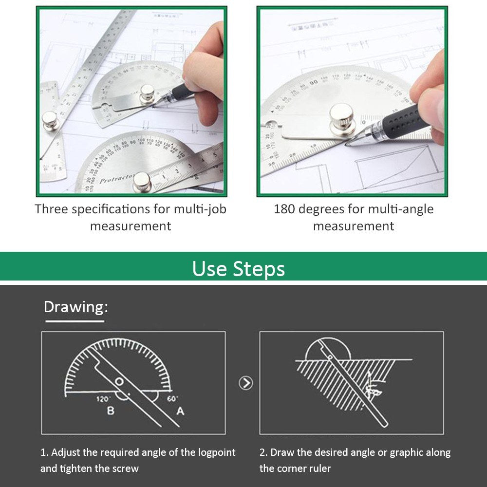 Stainless Steel 180 Degree Protractor Angle Finder Rotary Woodworking Measuring Ruler - One Arm, 195mm/7.68in
