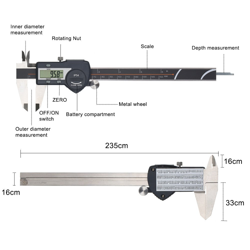 Digital Stainless Steel Caliper mm/inch LCD Display Vernier Caliper IP54 Waterproof - 0-150mm