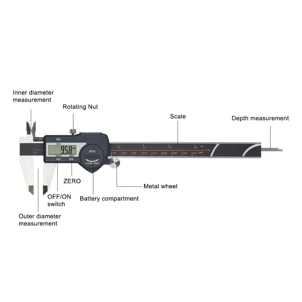 Digital Stainless Steel Caliper mm/inch LCD Display Vernier Caliper IP54 Waterproof - 0-100mm