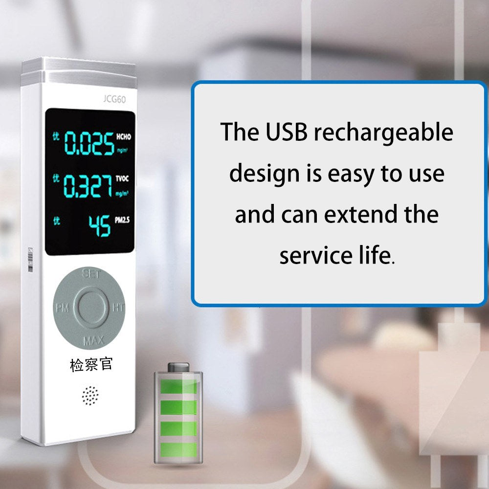 Digital Display USB Rechargeable PM1.0/PM2.5/PM10 TVOC HCHO Formaldehyde Detector Air Quality Detector