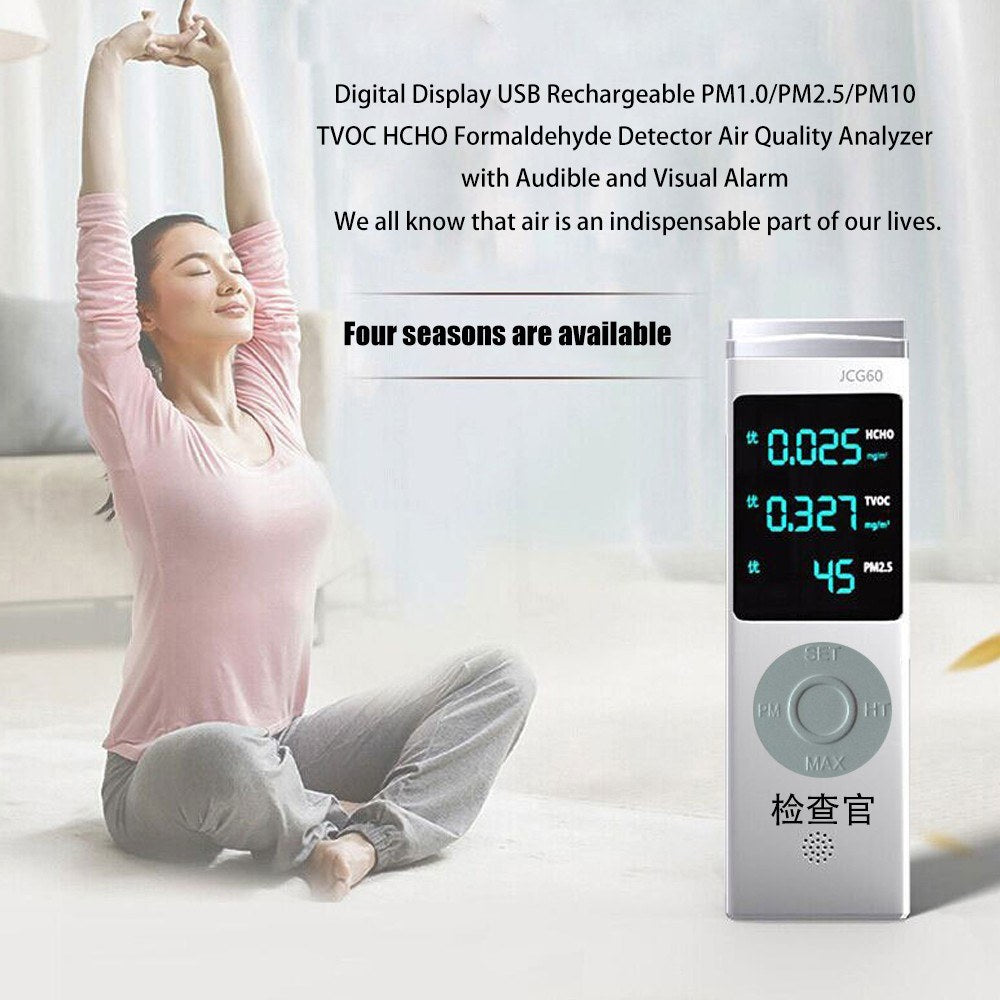 Digital Display USB Rechargeable PM1.0/PM2.5/PM10 TVOC HCHO Formaldehyde Detector Air Quality Detector