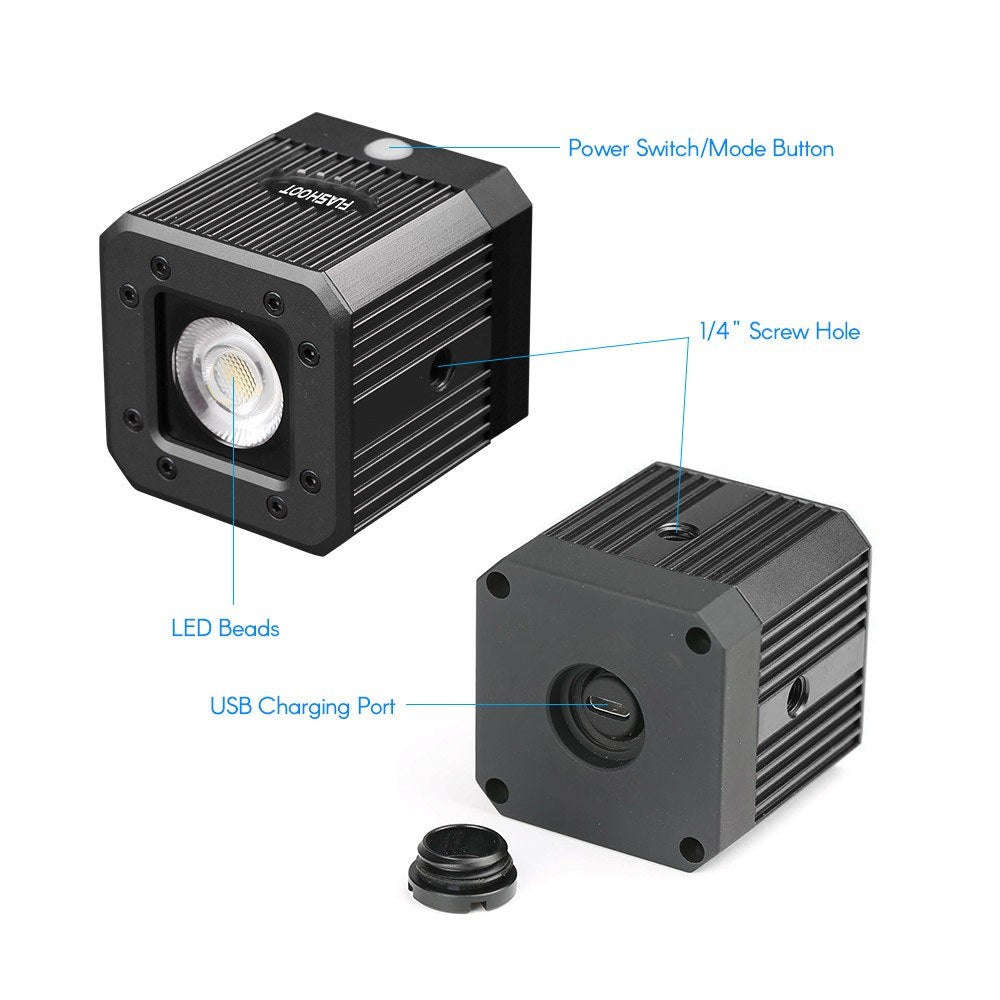 Waterproof Aluminum Alloy Cube LED Video Light 5600K Diving Fill Light Strobe Flash with 1/4 Inch Screw Hole - Black