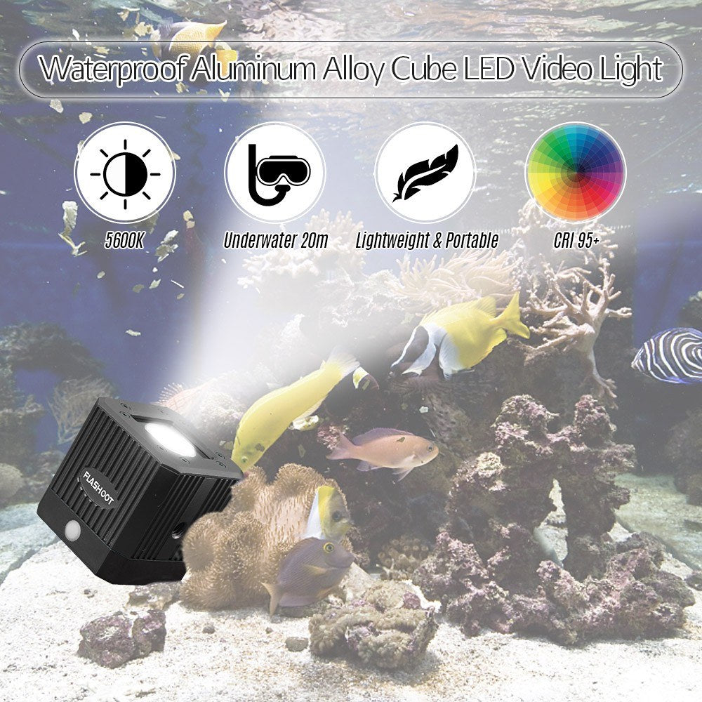 Waterproof Aluminum Alloy Cube LED Video Light 5600K Diving Fill Light Strobe Flash with 1/4 Inch Screw Hole - Black