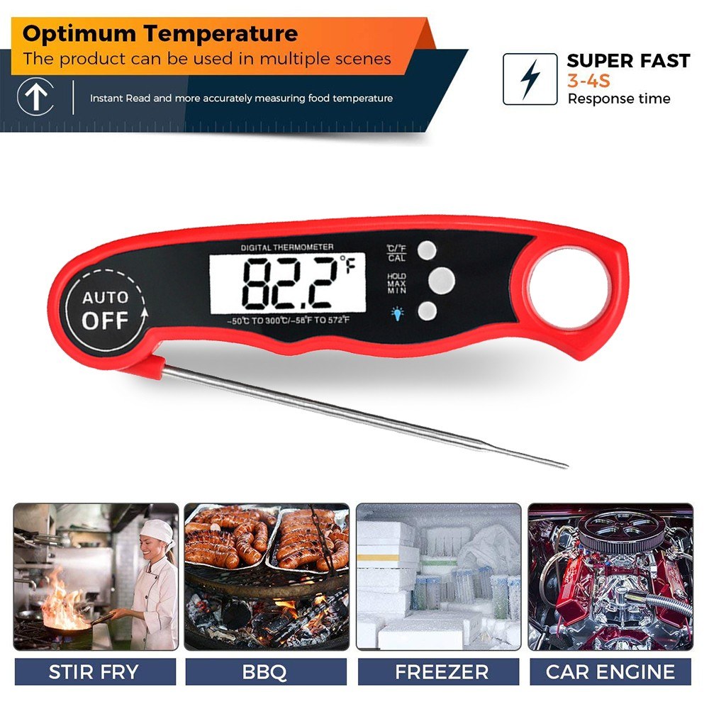 Waterproof Digital Instant Read Food Meat Thermometer with 4.7?Foldable Probe Calibration Function - Red