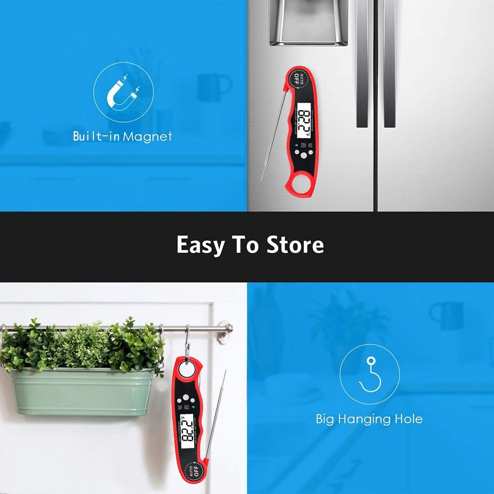 Waterproof Digital Instant Read Food Meat Thermometer with 4.7?Foldable Probe Calibration Function - Red
