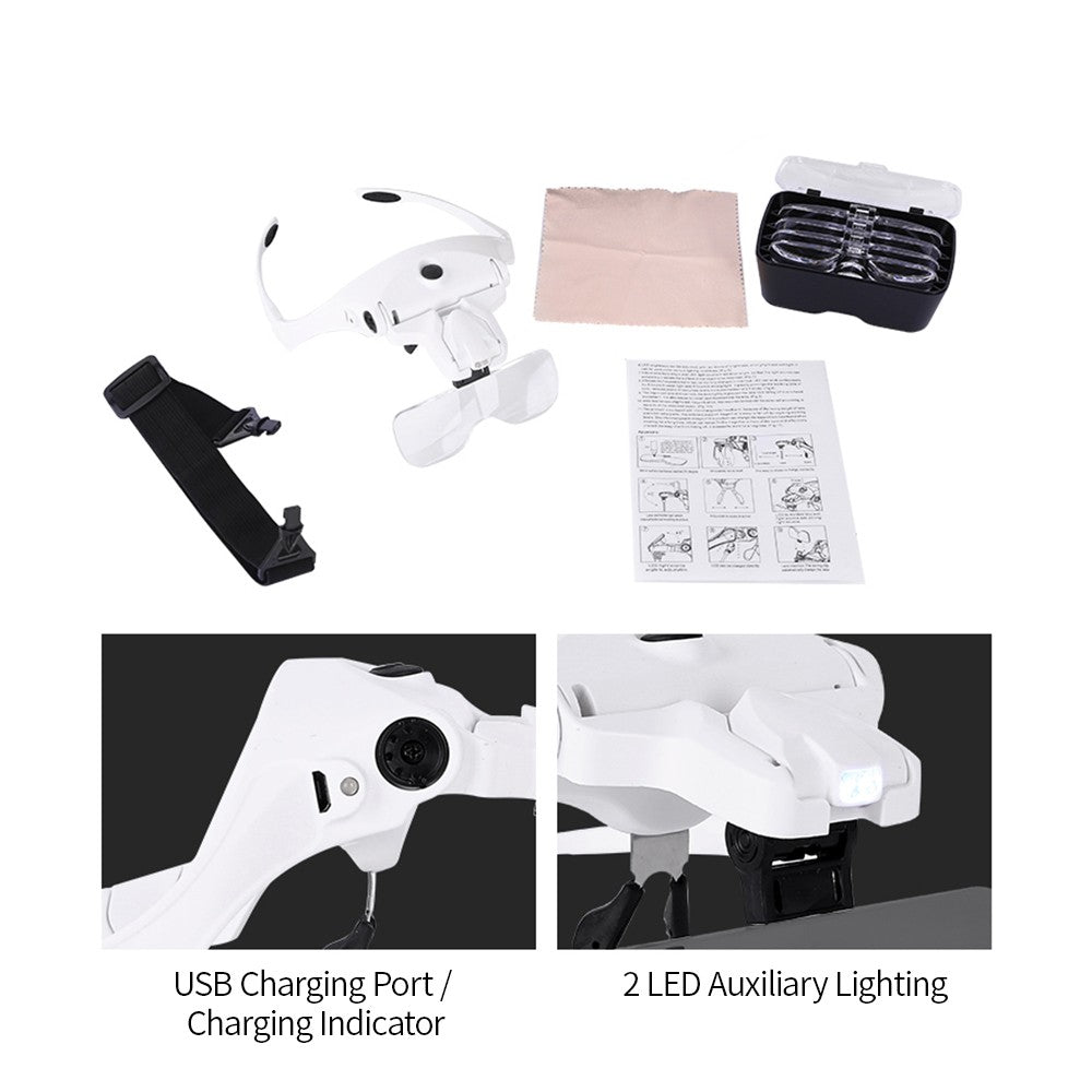 Head Mount Glasses Magnifier USB Charging Magnifying Glasses with 2 LED Lights Jewelry Craft Watch Hobby 5 Lenses 1.0X 1.5X 2.0X 2.5X 3.5X for Close Work