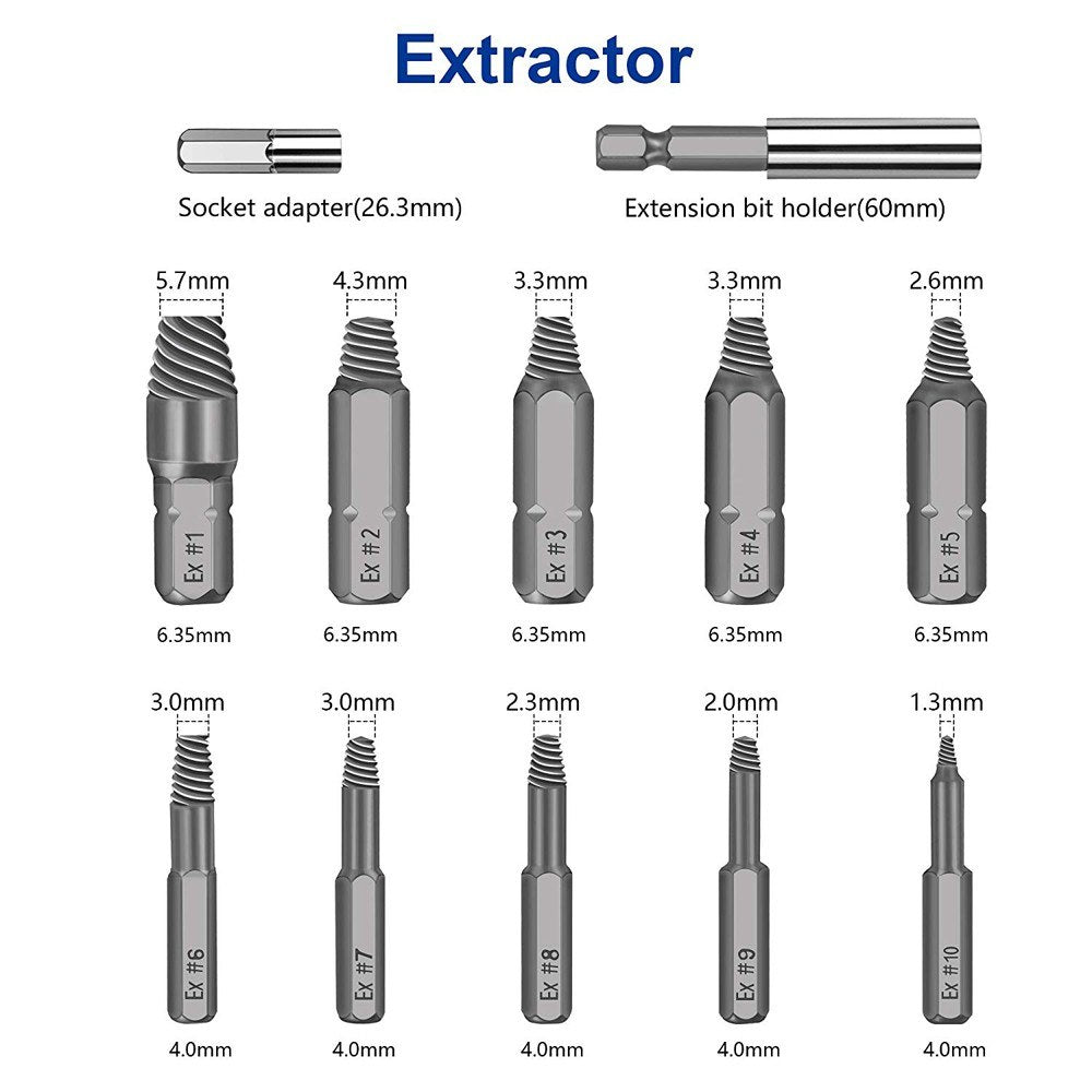 22pcs Werkzeug Damaged Stripped Screw Extractor Set for Broken Screw HSS Broken Bolt Extractor Screw Remover Set with Magnetic Extension Bit Holder Socket Adapter