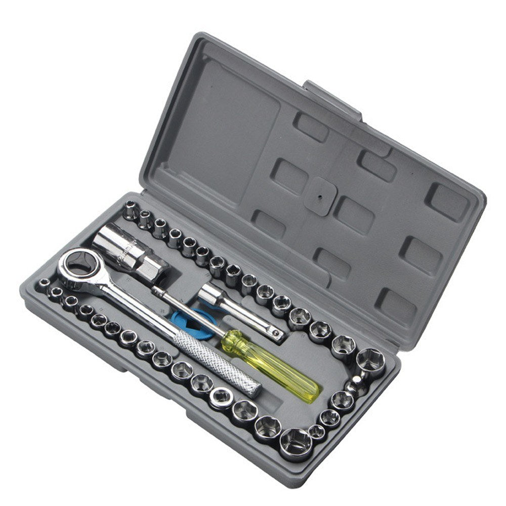 40pcs Car Automobile Motorcycle Repairing Maintenance Tool Set Wrench Socket Kit Hand Tools - Grey/Silver