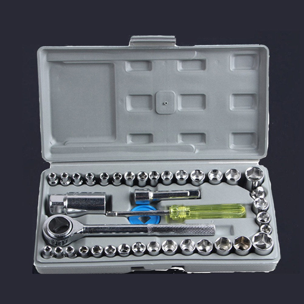 40pcs Car Automobile Motorcycle Repairing Maintenance Tool Set Wrench Socket Kit Hand Tools - Grey/Silver