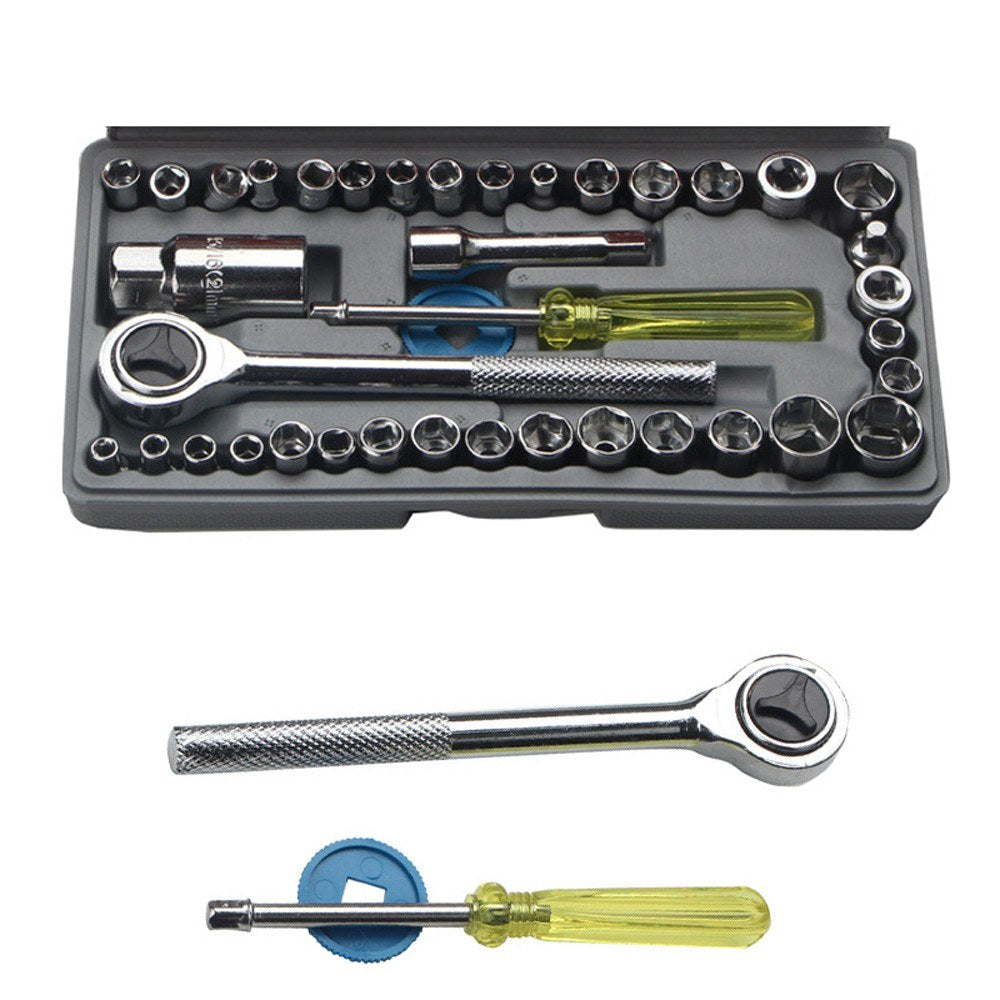 40pcs Car Automobile Motorcycle Repairing Maintenance Tool Set Wrench Socket Kit Hand Tools - Grey/Silver