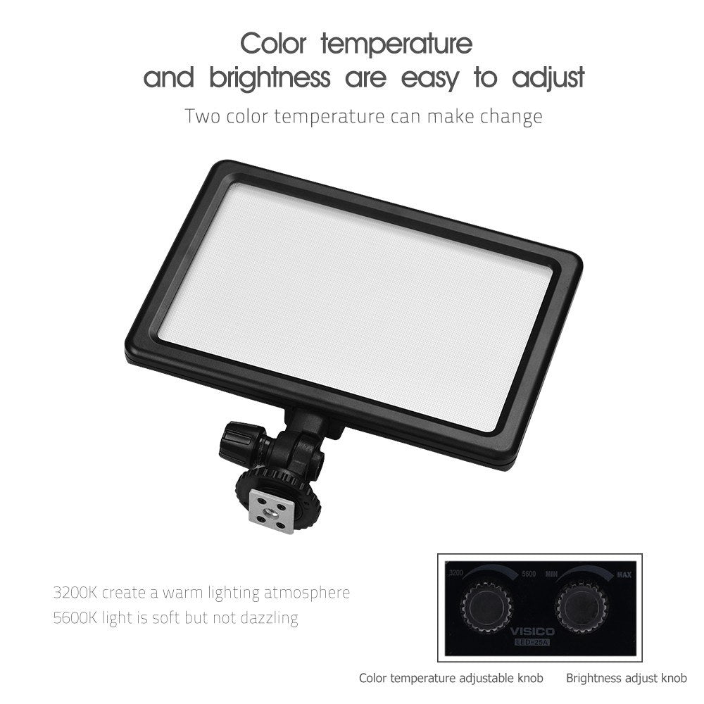 Portable LED Video Light Panel Photography Fill-in Lamp 3200K-5600K Adjustable Brightness 25W with LED Display Cold Shoe Mount Adapter