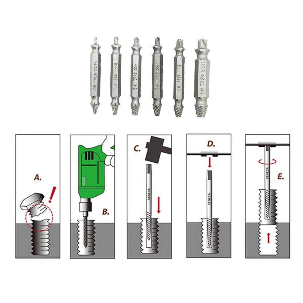 6Pcs Drill Bit Set Bolt Screw Extractor Breaker Screw Remover Stripping Tool