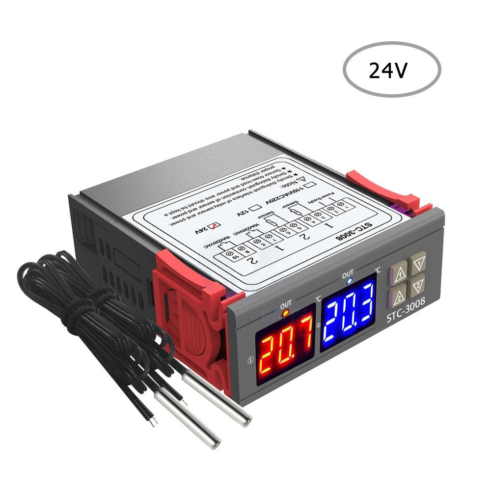 Dual Digital Display Thermostat Temperature Regulator Temperature Controller with Double NTC Probe Heater Sensor Probe Two Relay Output - 24V