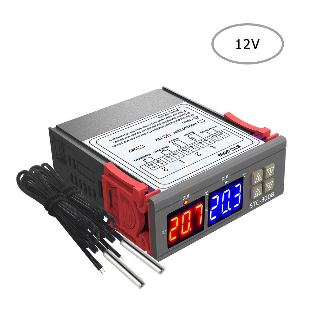 Dual Digital Display Thermostat Temperature Regulator Temperature Controller with Double NTC Probe Heater Sensor Probe Two Relay Output - 12V