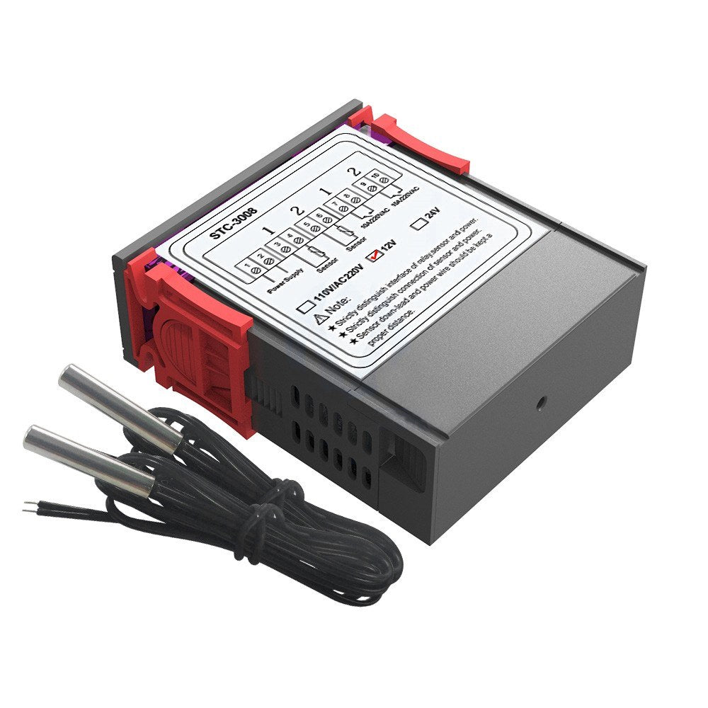 Dual Digital Display Thermostat Temperature Regulator Temperature Controller with Double NTC Probe Heater Sensor Probe Two Relay Output - 12V