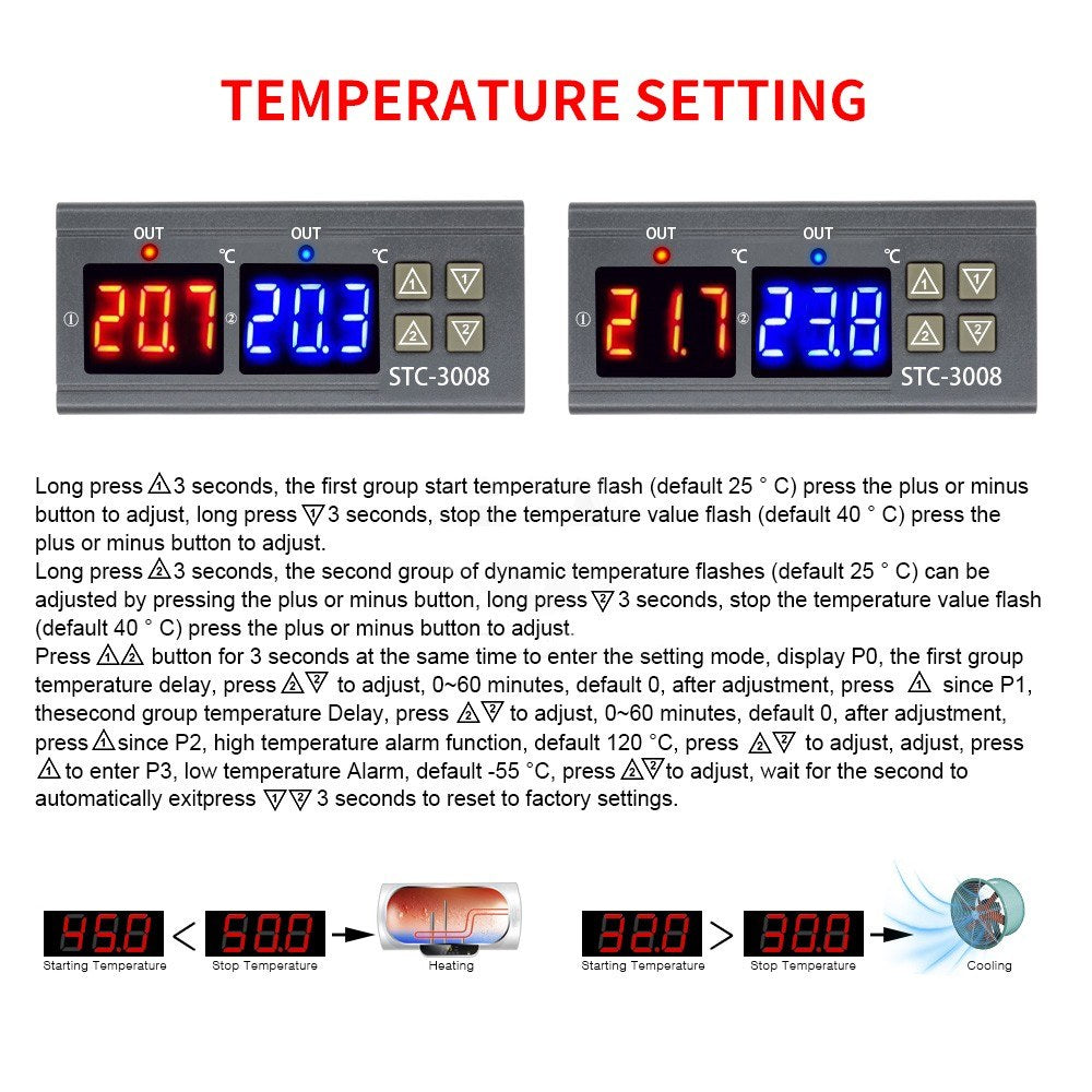Dual Digital Display Thermostat Temperature Regulator Temperature Controller with Double NTC Probe Heater Sensor Probe Two Relay Output - 12V
