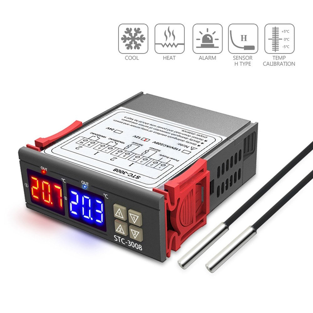 Dual Digital Display Thermostat Temperature Regulator Temperature Controller with Double NTC Probe Heater Sensor Probe Two Relay Output - 12V