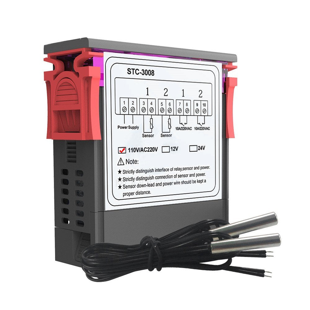 Dual Digital Display Thermostat Temperature Regulator Temperature Controller with Double NTC Probe Heater Sensor Probe Two Relay Output - 110-220V