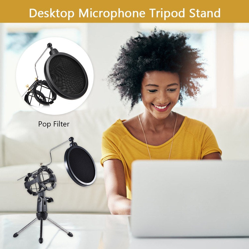 Microphone Tripod Stand Holder Foldable Desktop Microphone Bracket with Shock Mount Mic Holder Clip Pop Filter