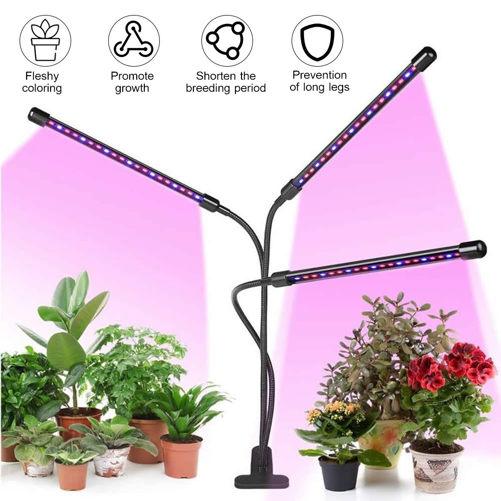 3-Head Grow Light 60 LED Light Bulb Plant Growing Lamps with Adjustable Arm Auto ON/Off Intelligent Timing 10 Levels Brightness for Indoor Plants