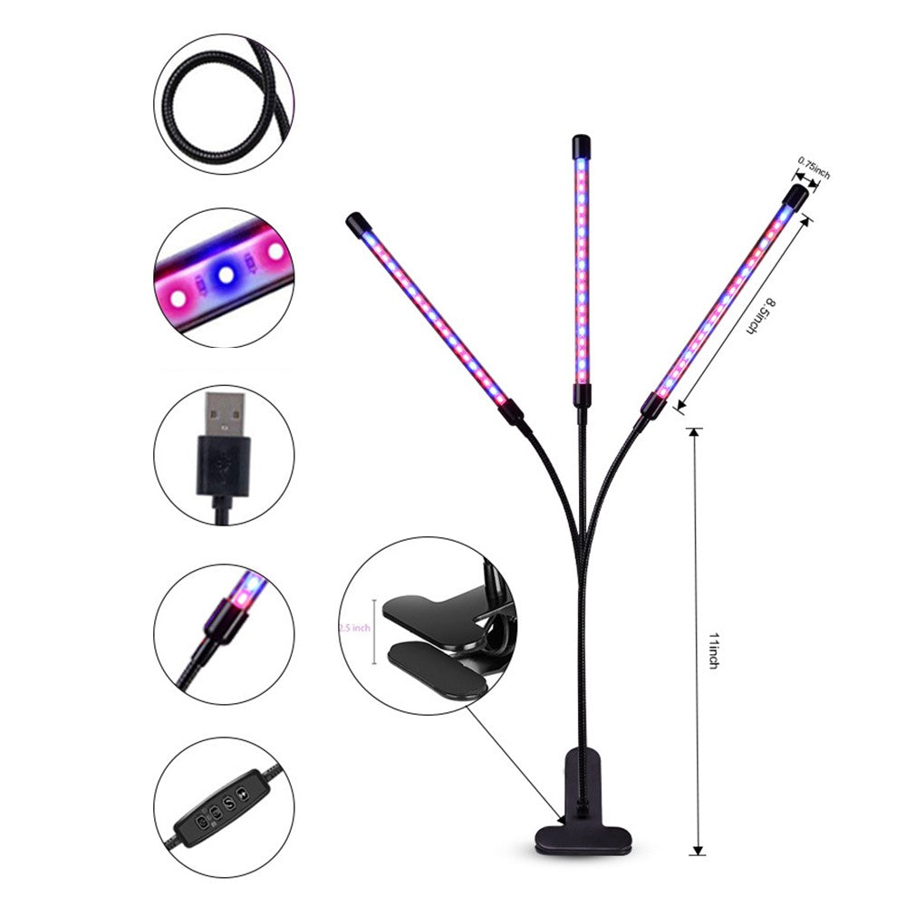 3-Head Grow Light 60 LED Light Bulb Plant Growing Lamps with Adjustable Arm Auto ON/Off Intelligent Timing 10 Levels Brightness for Indoor Plants