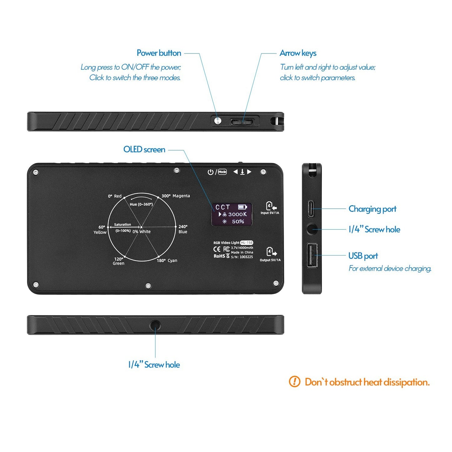RGB LED Video Light Bi-color Fill Light 2600K-6000K CRI 96 Built-in 4000mAh Lithium Battery with Storage Bag