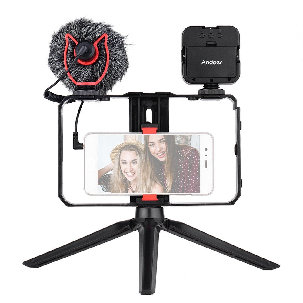 Andoer Smartphone Video Cage Kit Including 2pcs Mini LED Fill Lights + Mini Microphone + Handheld Smartphone Video Bracket + Mini Desktop Tripod Stand