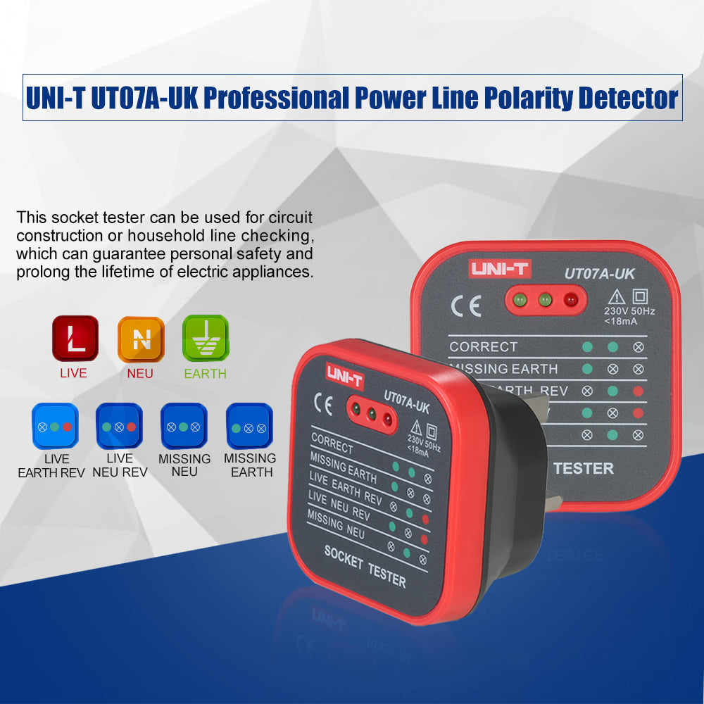 UNI-T UT07A-UK Professional Socket Tester Electrical Live/Null/Earth Line Polarity Detector UK Plug