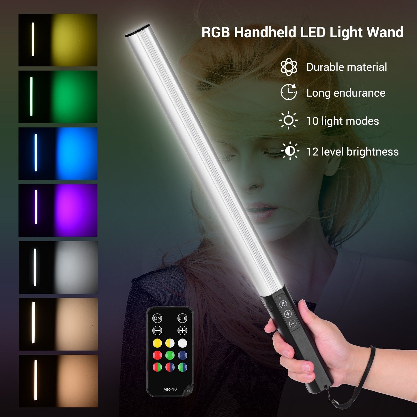 LIYADI RGB Handheld LED Light Wand Rechargeable Photography Light Stick 10 Lighting Modes 12 Brightness Levels 1000 Lumens 3200-5600K Color Temperature with Portable Bag Hanging Loop Remote Control