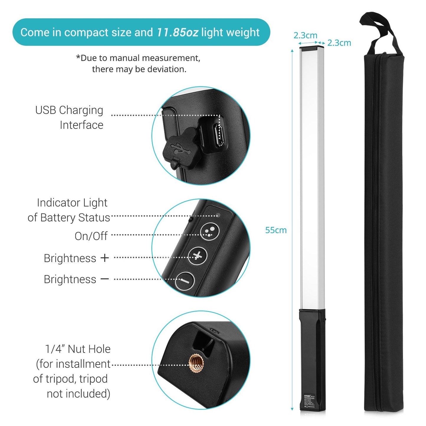LIYADI RGB Handheld LED Light Wand Rechargeable Photography Light Stick 10 Lighting Modes 12 Brightness Levels 1000 Lumens 3200-5600K Color Temperature with Portable Bag Hanging Loop Remote Control