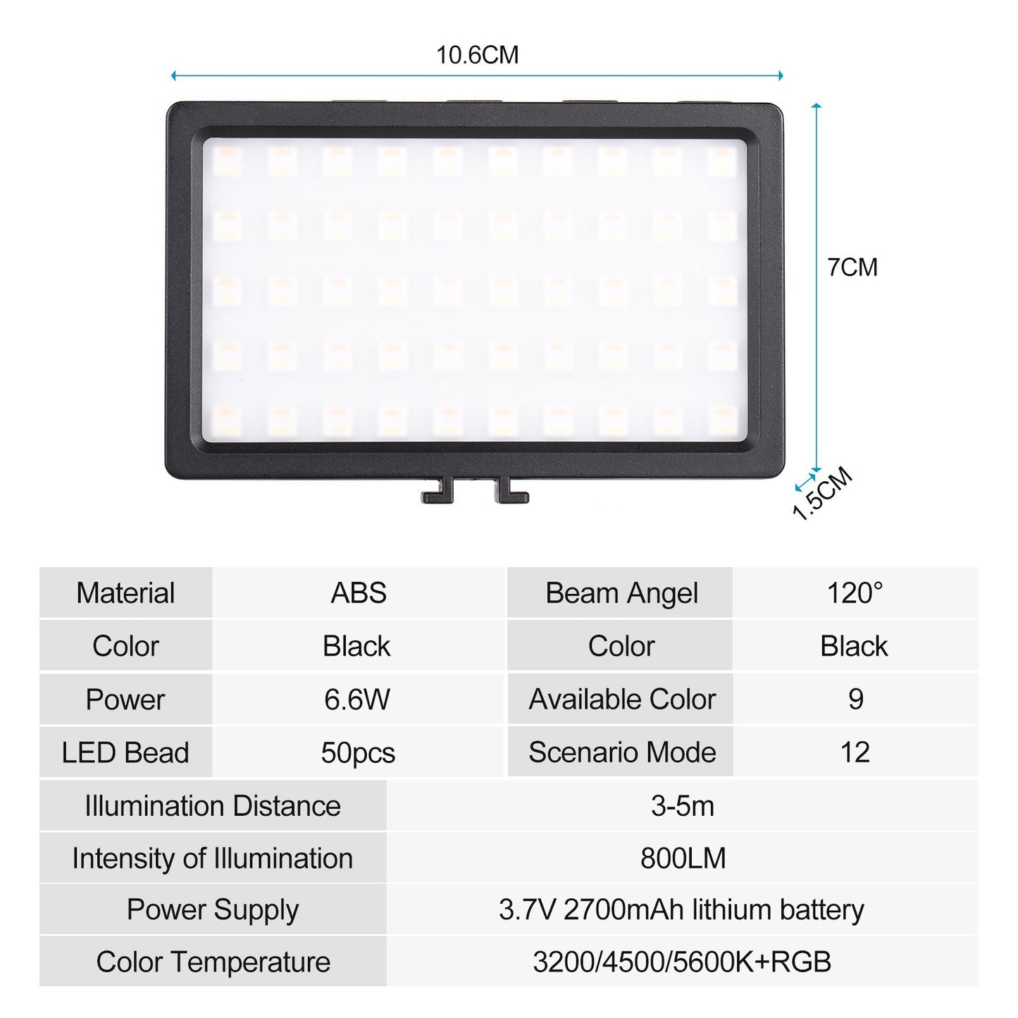 LIYADI RGB Color Camera Lamp Set with 50pcs LED Beads Mini Rechargeable Photography LED Video Light 9 Lighting Modes 12 Brightness Levels 3200~5600K Color Temperature Fill-in On-Camera Light