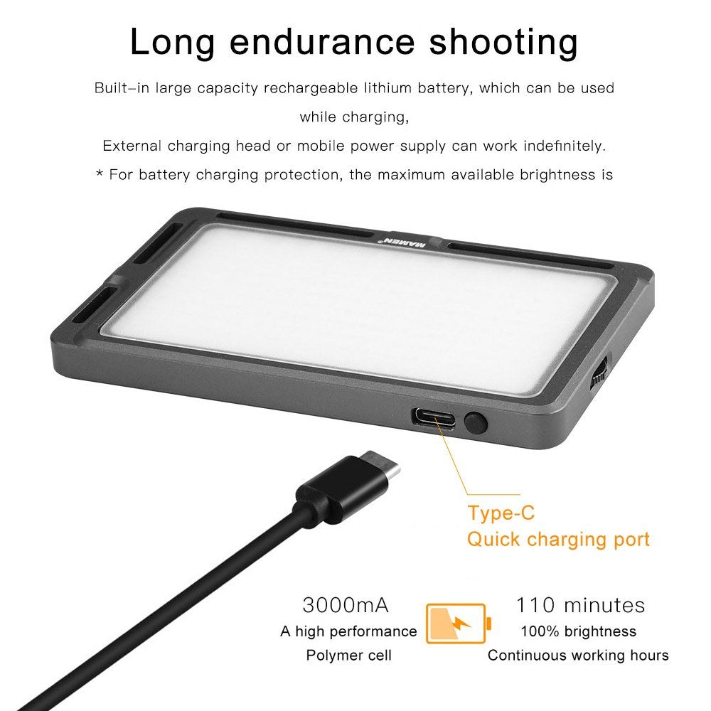 MAMEN LED-120B Ultra Thin LED Video Light Lamp Dimmable 3000K-6500K 120PCS LEDs CRI95 Built-in Battery DSLR Camera Photography Fill Light