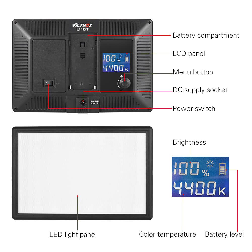 Viltrox L116T Professional Ultra-thin LED Video Light Photography Fill Light for Canon Nikon Sony Panasonic DSLR Camera and Camcorder