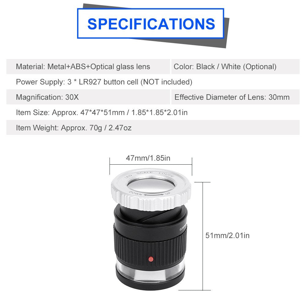 LED Scale Loupe 30X Adjustable Magnification Magnifier Metal Cylinder Type Mirror - Black