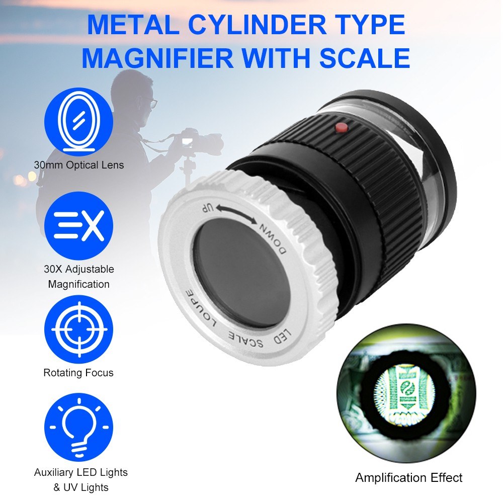 LED Scale Loupe 30X Adjustable Magnification Magnifier Metal Cylinder Type Mirror - Black