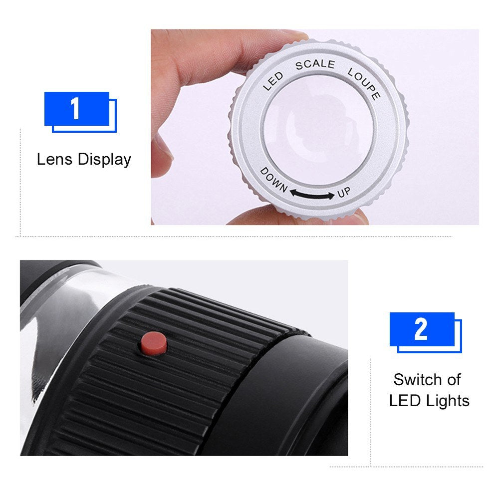 LED Scale Loupe 30X Adjustable Magnification Magnifier Metal Cylinder Type Mirror - White