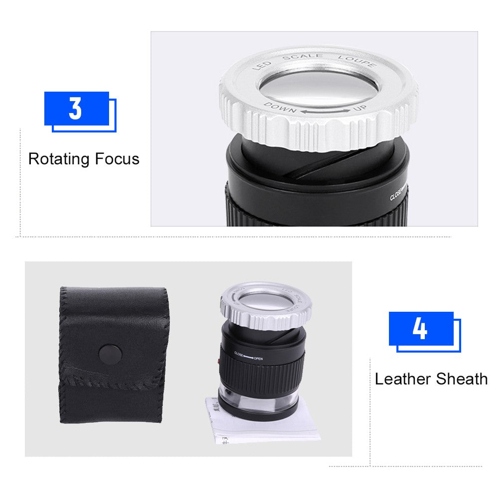 LED Scale Loupe 30X Adjustable Magnification Magnifier Metal Cylinder Type Mirror - White