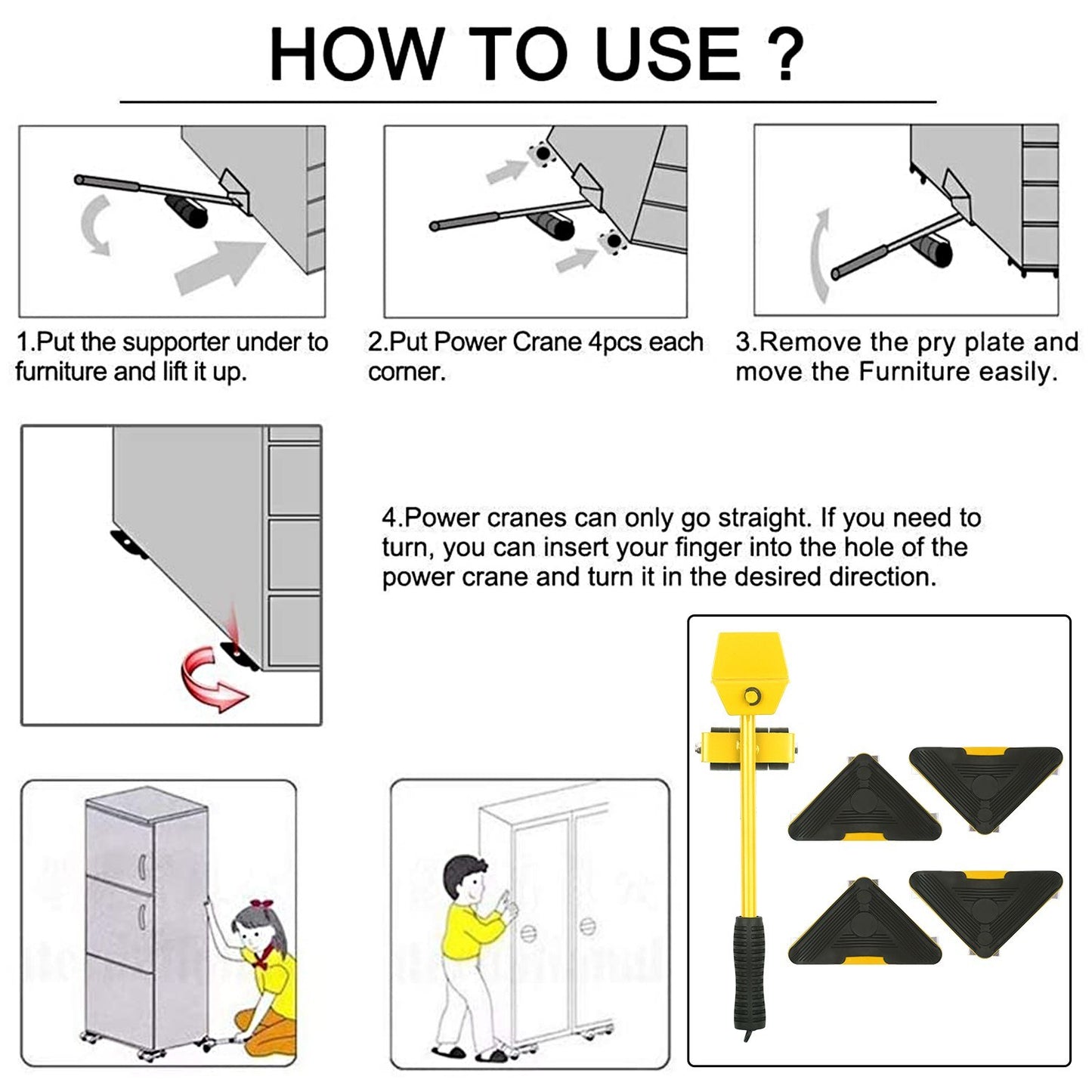 Moving Tool Heavy Duty Furniture Lifter with 4 Sliders Shifter Object Mobile Tool Mover Household Hand Tool Set - Yellow