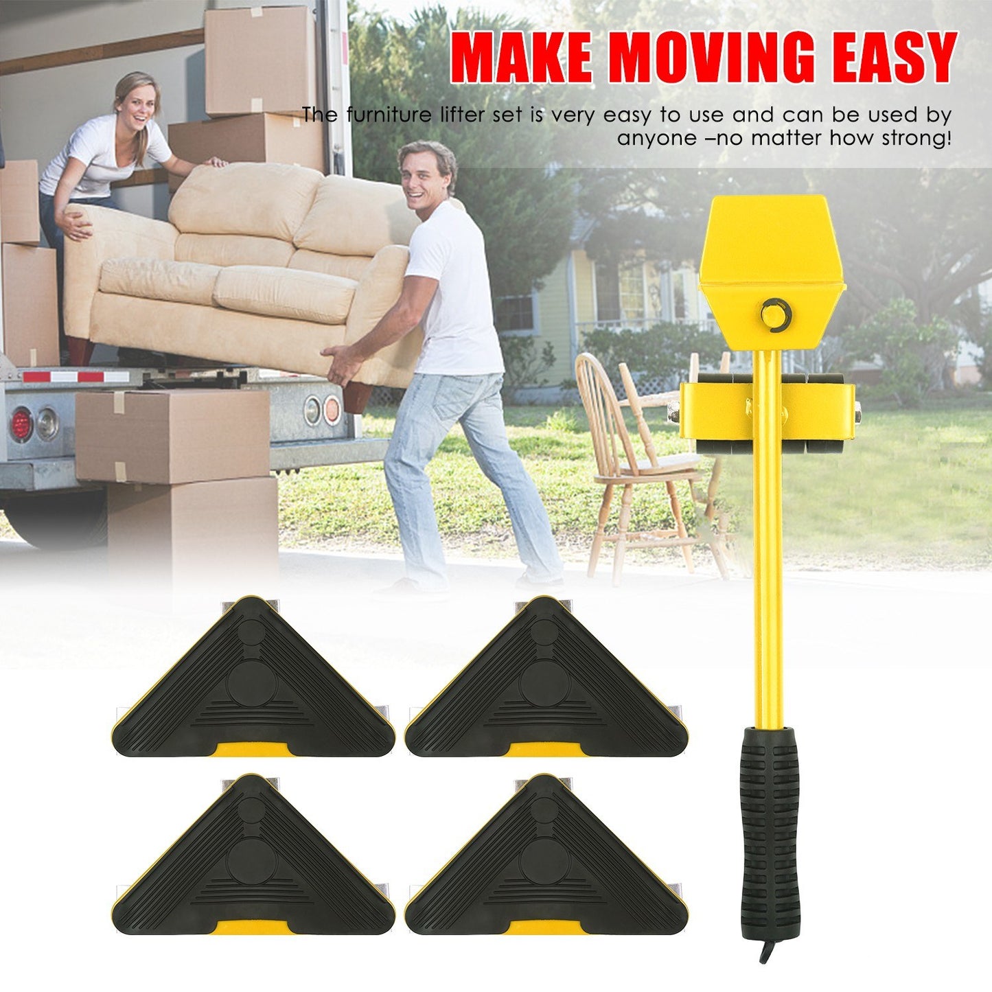 Moving Tool Heavy Duty Furniture Lifter with 4 Sliders Shifter Object Mobile Tool Mover Household Hand Tool Set - Yellow