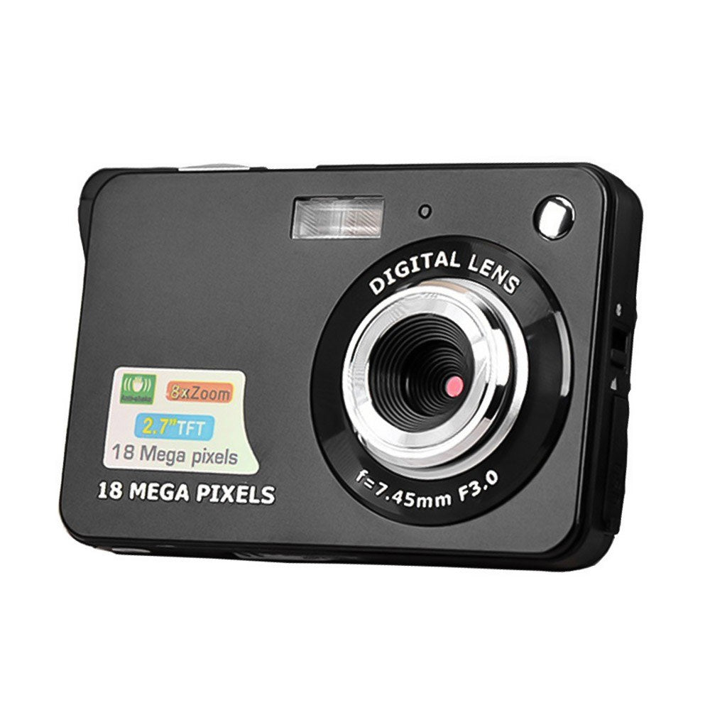 Digital Camera Mini Pocket Camera 18MP 2.7 Inch LCD Screen 8x Zoom Smile Capture Anti-Shake with Battery - Black