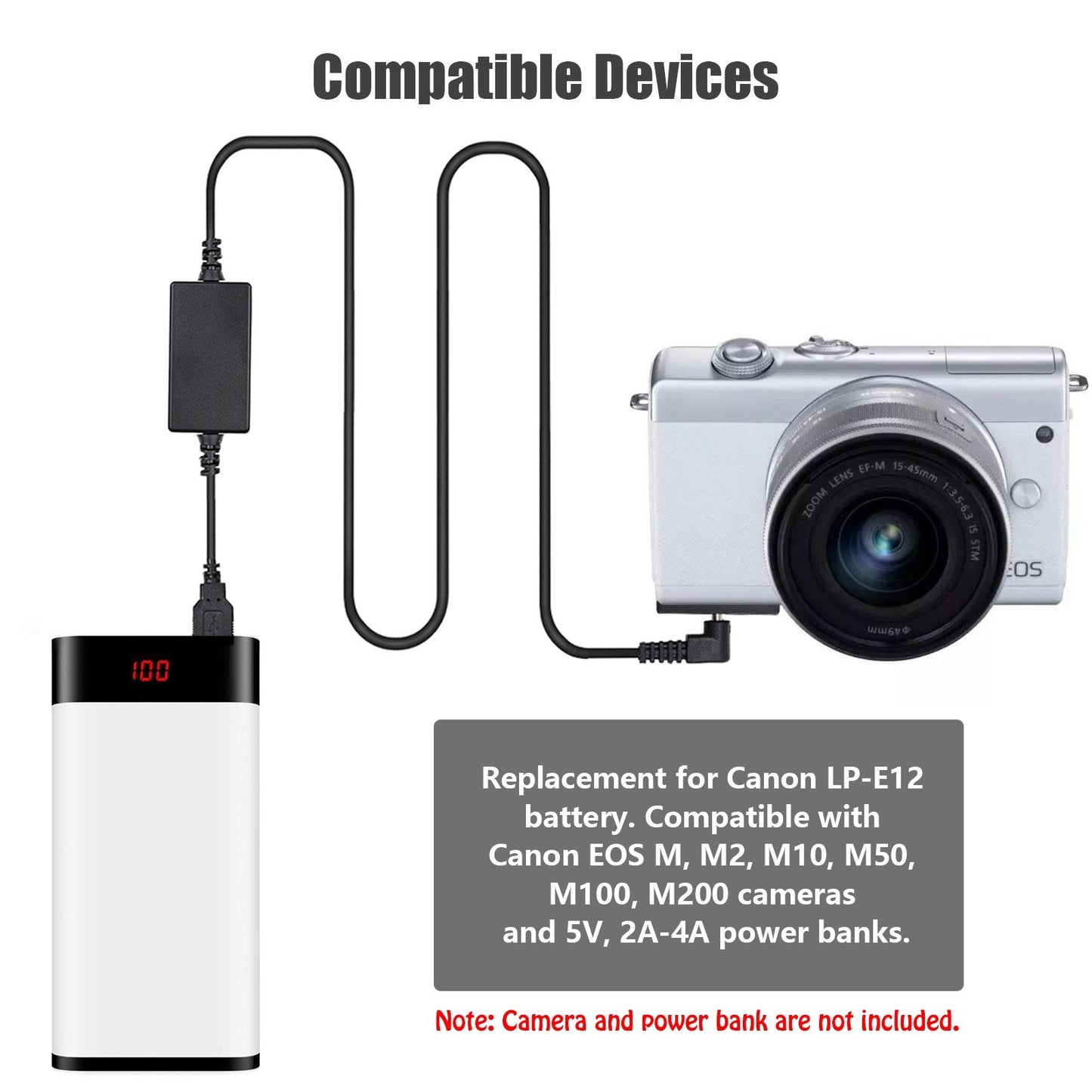 Andoer DR-E12 USB Power Kit DC Coupler with USB DC Converter Power Cable Compatible with Canon EOS M M2 M10 M50 M100 M200 Cameras