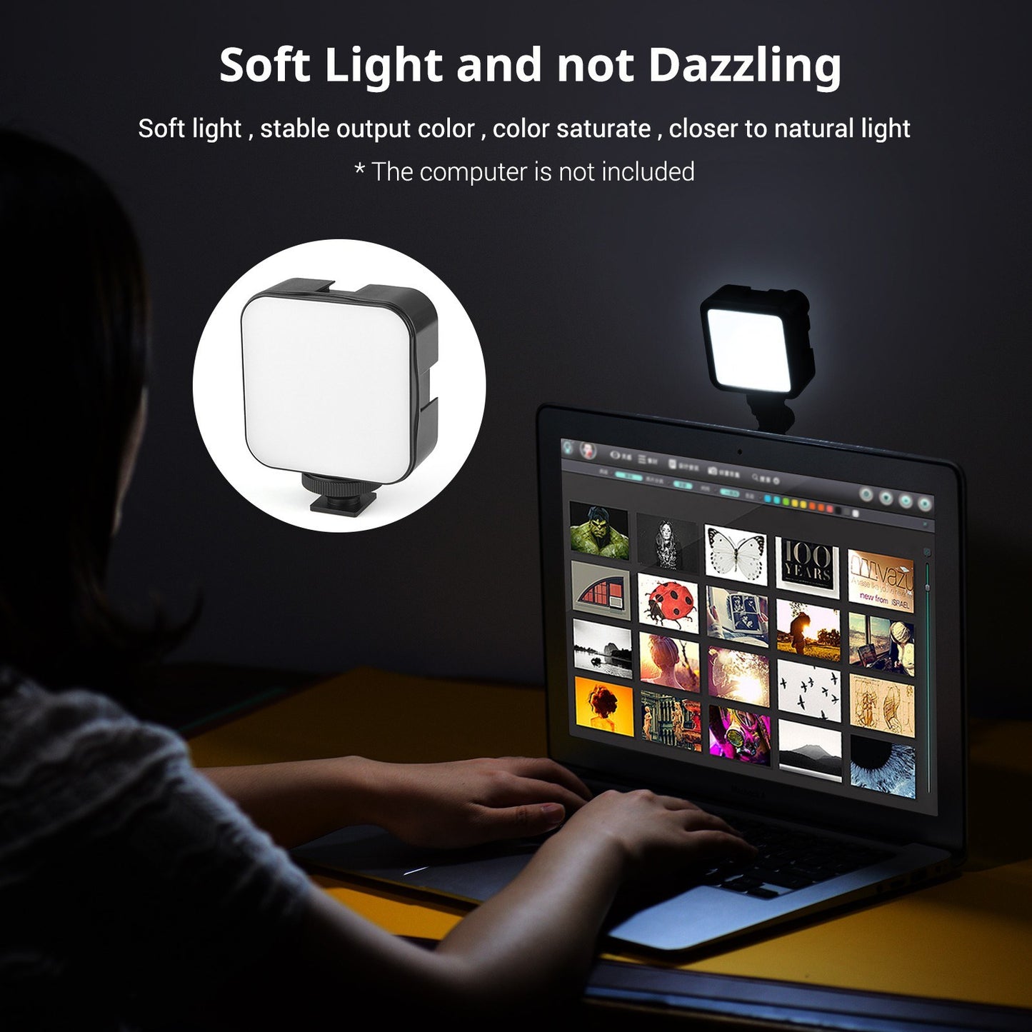 Mini Video Conference Lighting Kit with 5W Dimmable 6500K LED Light 3 Cold Shoe Mounts + Suction Cup Mount