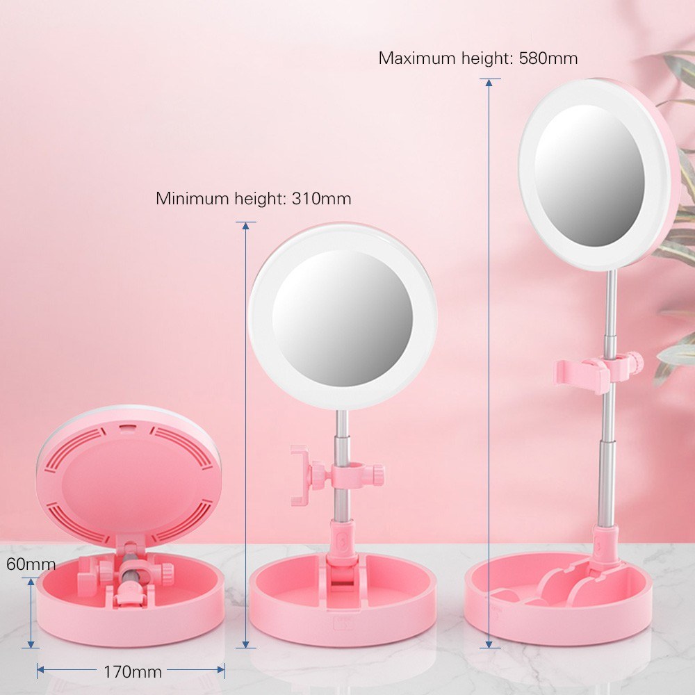 Portable LED Ring Light with Makeup Mirror Phone Holder 10 Brightness for Selfie Video Recording Streaming - White
