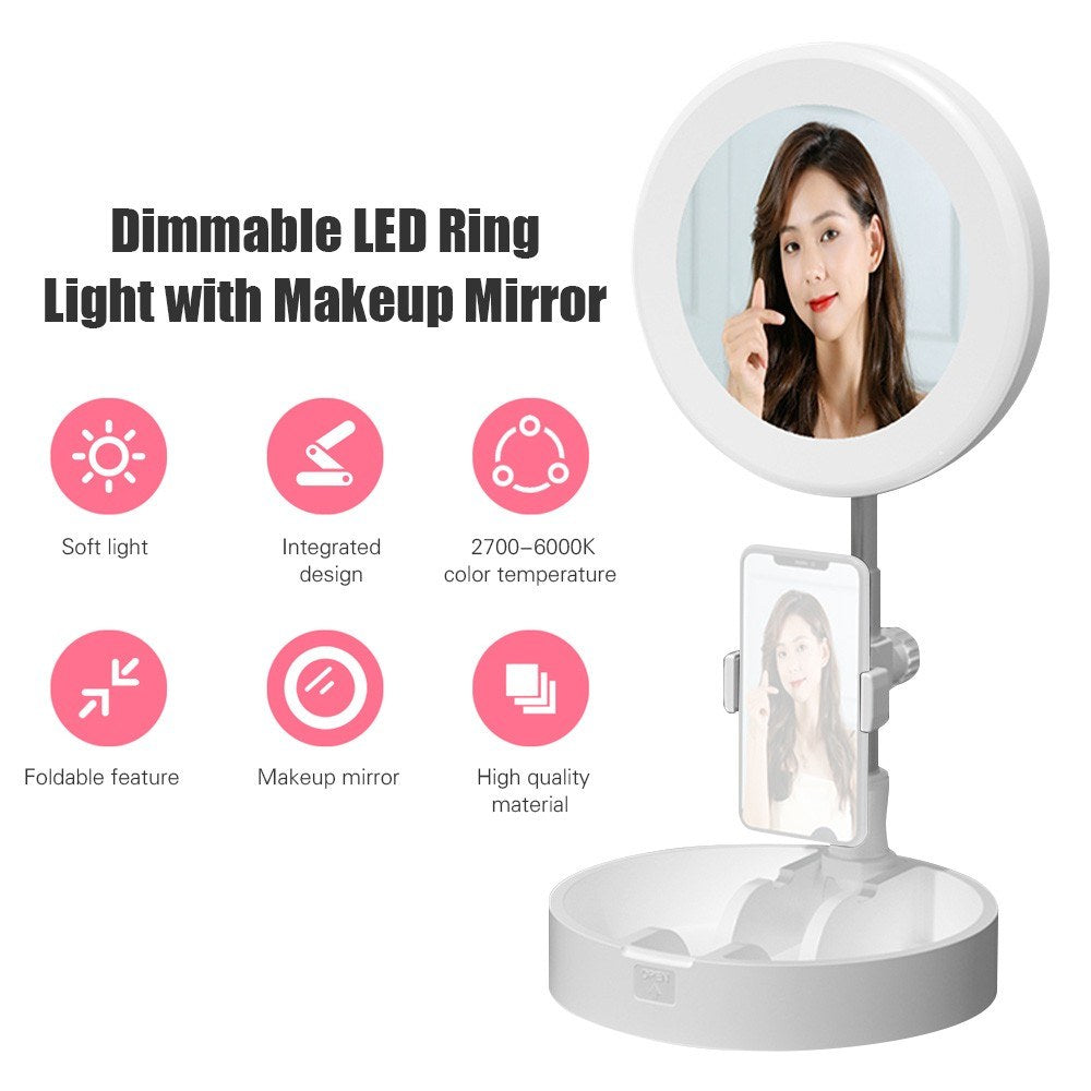Portable LED Ring Light with Makeup Mirror Phone Holder 10 Brightness for Selfie Video Recording Streaming - White