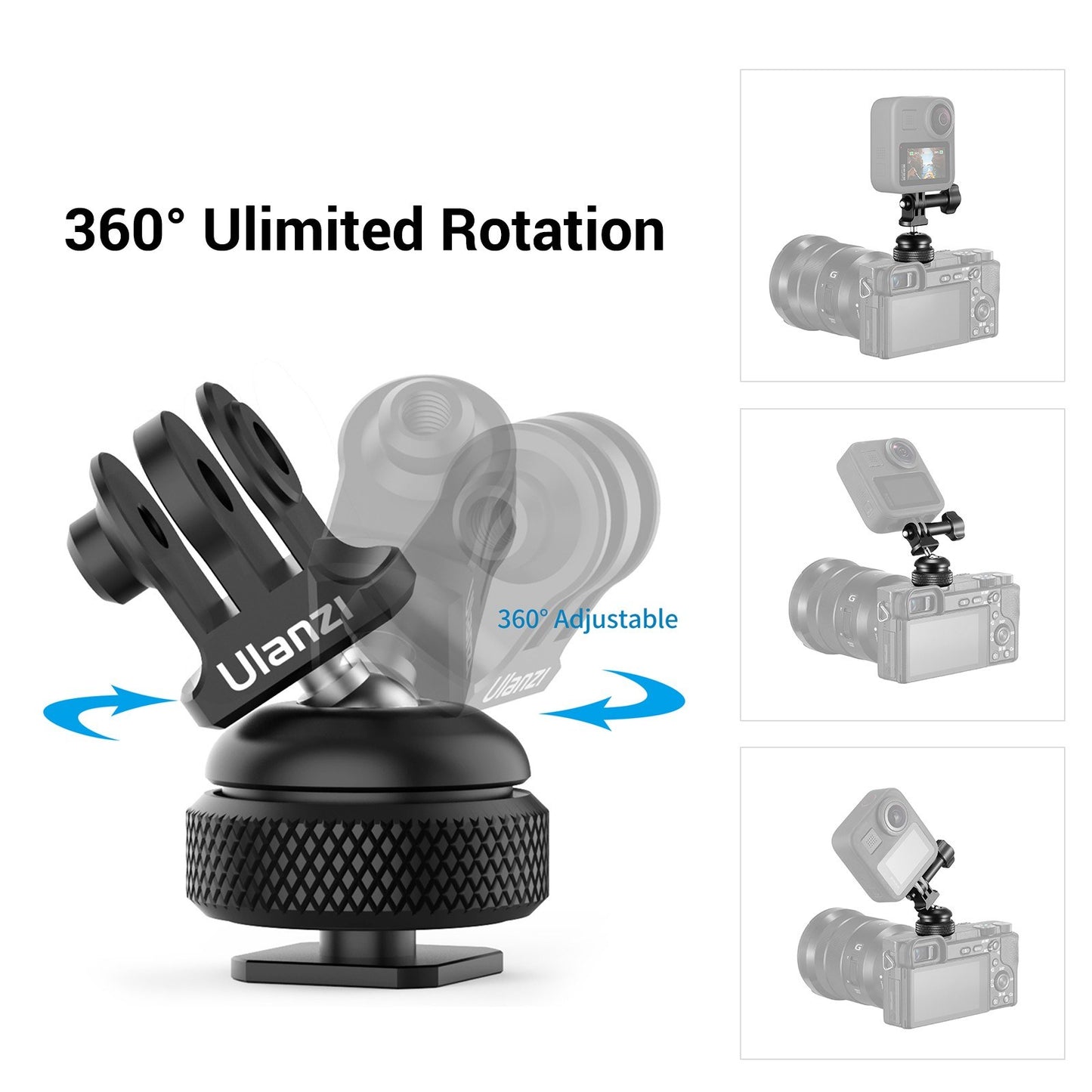 Ulanzi GP-6 Cold Shoe Mount Adapter Aluminum Alloy 360° Rotation Ball Head for GoPro Hero